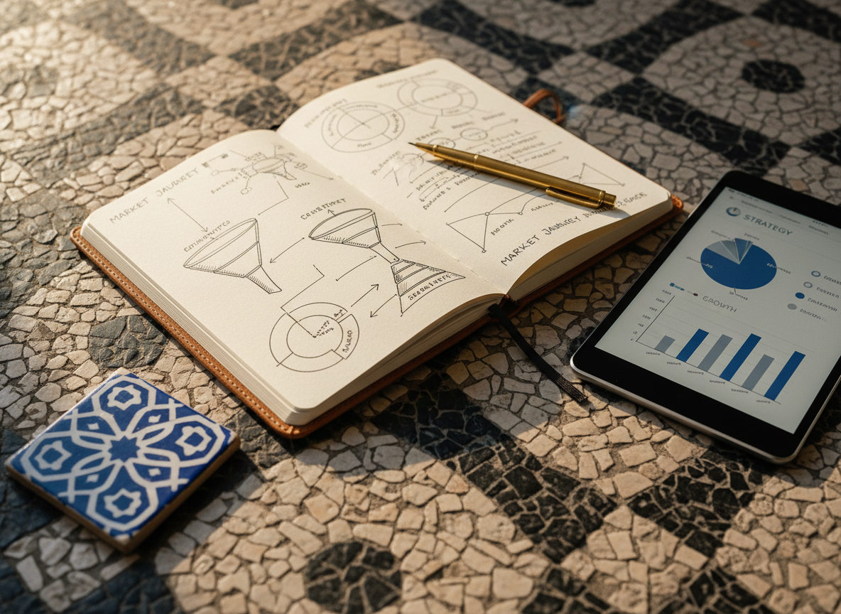 A close-up of a luxurious marketing strategy flat lay on a stone surface resembling Portuguese calçada pavement, its subtle black-and-white mosaic pattern visible beneath. On top lies an open notebook with crisp ivory pages covered in neatly sketched funnels and segmentation diagrams, beside a sleek graphite tablet displaying social media metrics. A small, deep-blue ceramic tile with intricate white patterns anchors the composition, referencing Portuguese heritage. Soft morning window light streams from the left, creating delicate highlights on the tablet screen and gentle shadows from a brass pencil. Photographic realism with shallow depth of field keeps the notebook and tile in sharp focus, while the patterned stone fades into a tasteful blur, creating a mood of quiet intelligence and cultural depth.
