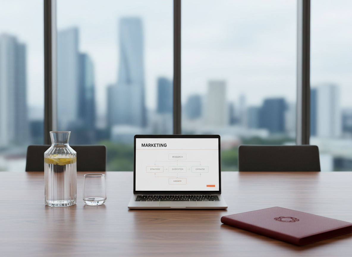 A polished walnut conference table set for a strategic marketing presentation, devoid of chairs, featuring only objects: a slim silver laptop displaying a clean marketing roadmap slide, a crystal carafe of water with slices of lemon, and a single deep-red leather folder embossed with an understated logo reminiscent of Portuguese craftsmanship. Behind, large floor-to-ceiling windows reveal an abstract blur of a modern cityscape. Soft overcast daylight fills the room with diffused, even illumination, minimizing harsh shadows and enhancing the warm wood grain. Shot from a slightly elevated angle in photographic realism with medium depth of field, the composition is balanced and uncluttered, evoking a high-end, cosmopolitan agency ready to deliver tailored strategies with quiet confidence.