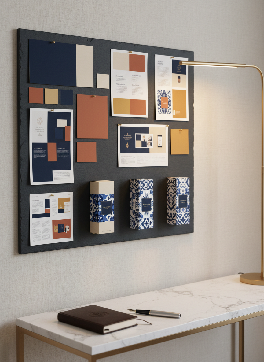 An elegant dark slate mood board pinned to a textured linen-covered wall, filled with meticulously placed brand elements: deep navy and terracotta color swatches, finely printed marketing campaign mockups, and high-end packaging designs inspired by Portuguese azulejo patterns. A slim brass desk lamp at the edge of the frame casts warm, focused light across the board, emphasizing textures and creating refined shadows. Below, a marble-topped console holds a closed leather notebook and a fountain pen. Captured from a slightly angled perspective with photographic realism and sharp focus throughout, the composition follows the rule of thirds. The mood is strategic, calm, and sophisticated, suggesting bespoke marketing planning infused with cultural nuance.